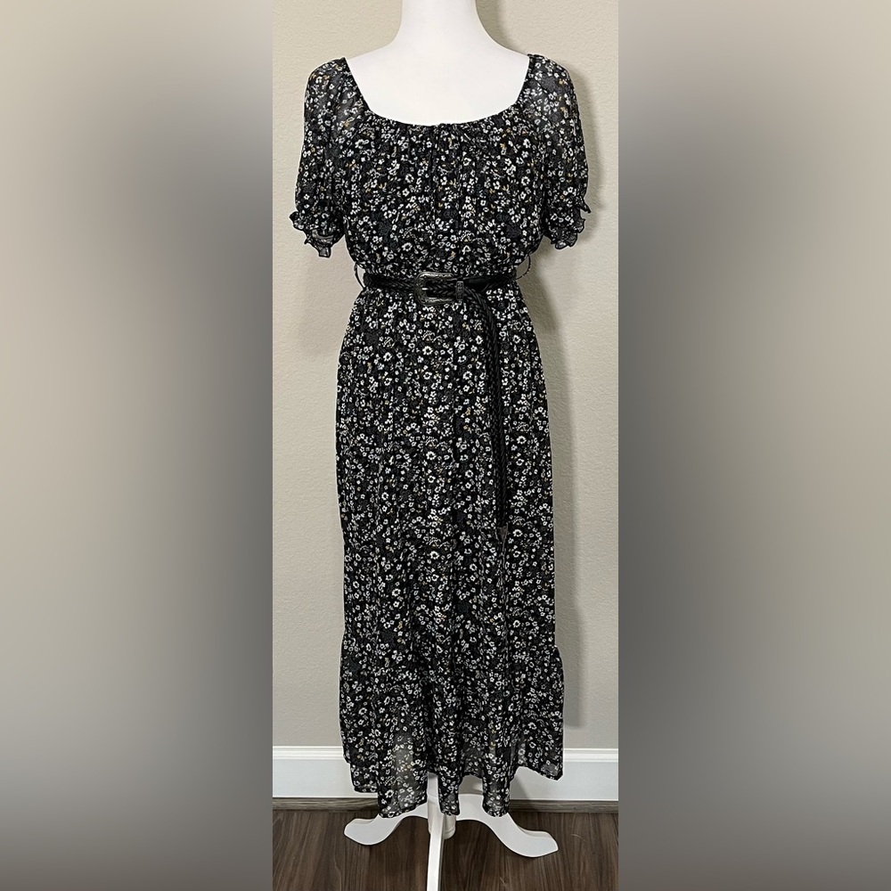 Wallflower Black Floral Belted Maxi Dress Size L